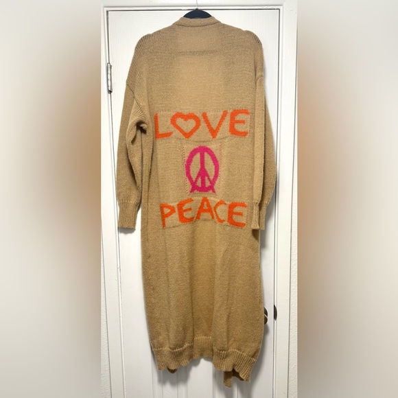 Cozy Tan Sweater with Love Peace Design - Picture 1 of 11